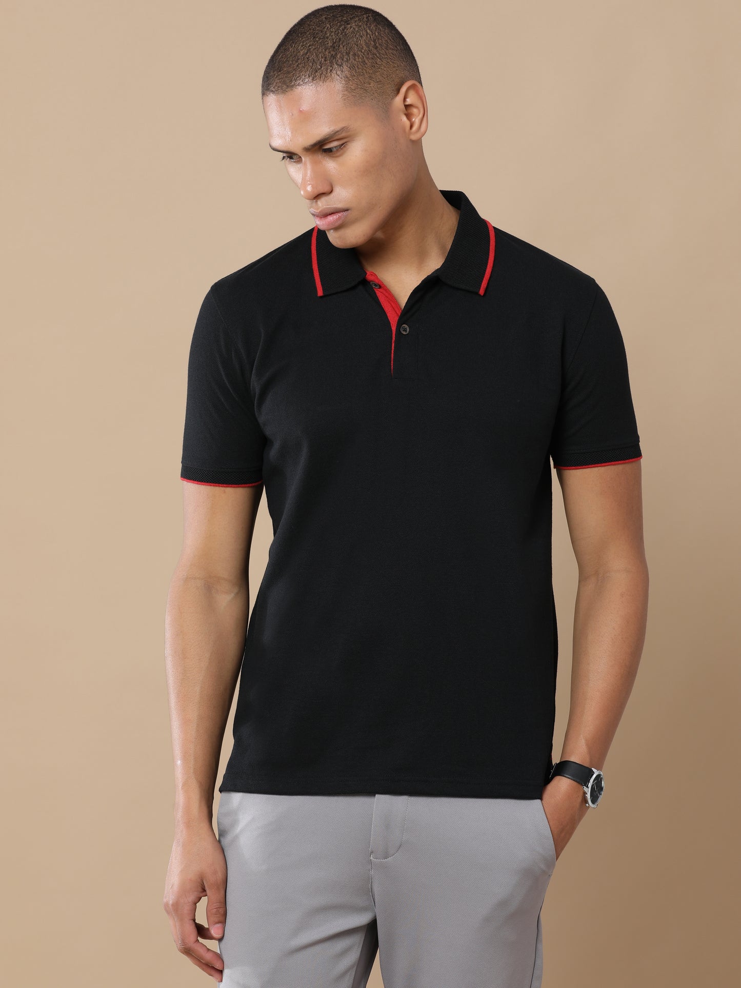 Men’s Sustainable Classic Black Polo T-Shirt with Red Tipping