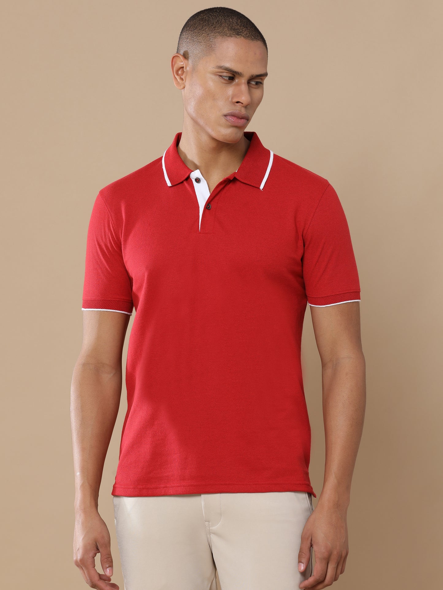 Sustainable Heather Red Men’s Premium Polo T-Shirt with White Tipping | Eco-Friendly Casual Wear