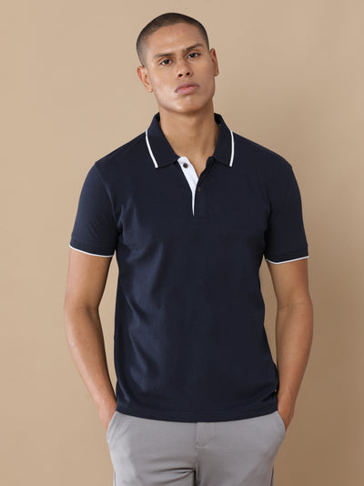 Sustainable Midnight Navy Blue Premium Polo T-Shirt with White Tipping