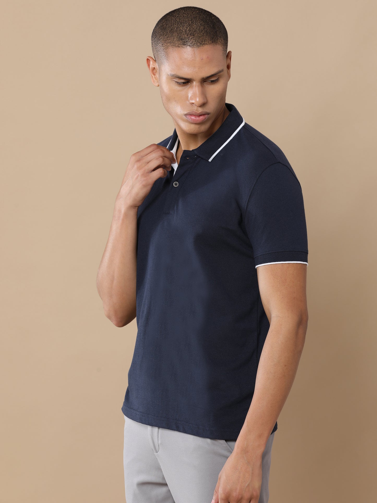 Sustainable Midnight Navy Blue Premium Polo T-Shirt with White Tipping