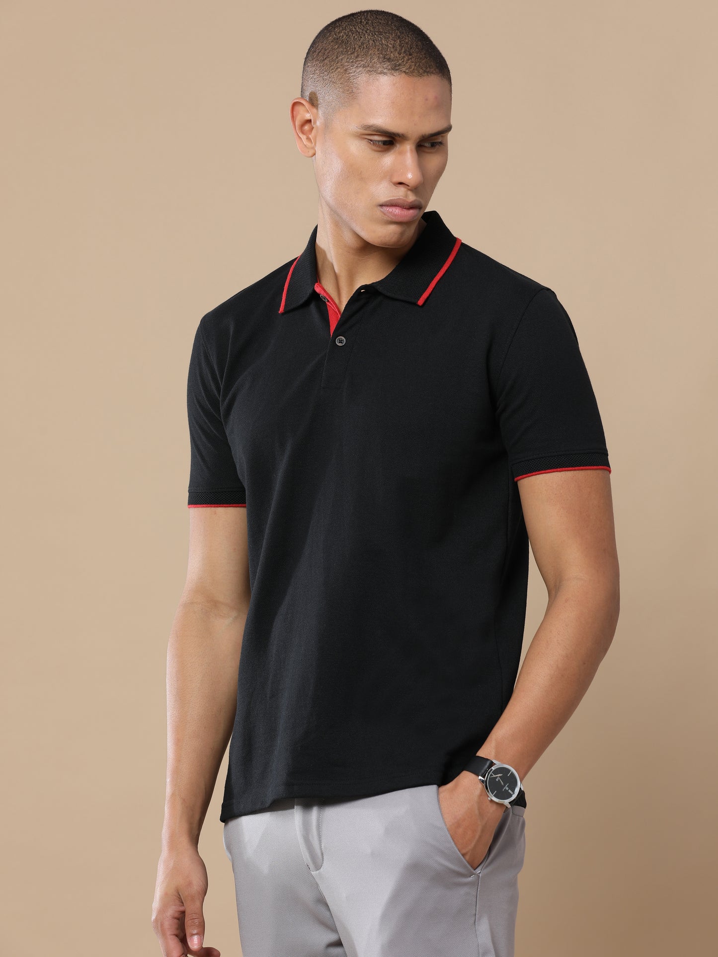 Men’s Sustainable Classic Black Polo T-Shirt with Red Tipping