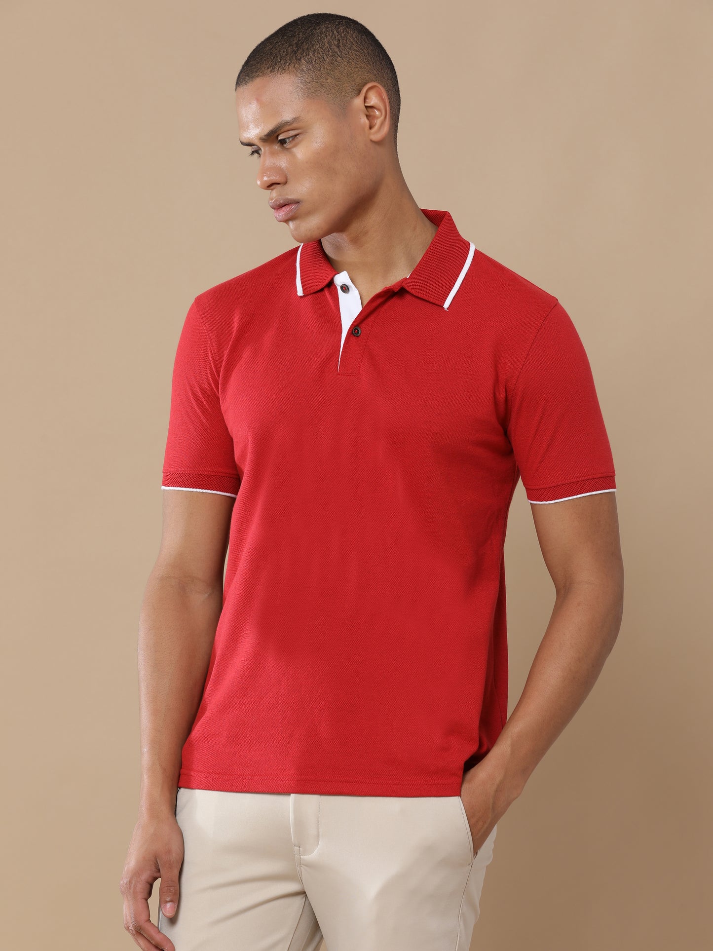 Sustainable Heather Red Men’s Premium Polo T-Shirt with White Tipping | Eco-Friendly Casual Wear
