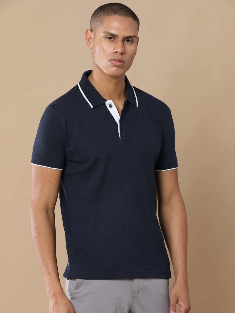 Sustainable Midnight Navy Blue Premium Polo T-Shirt with White Tipping