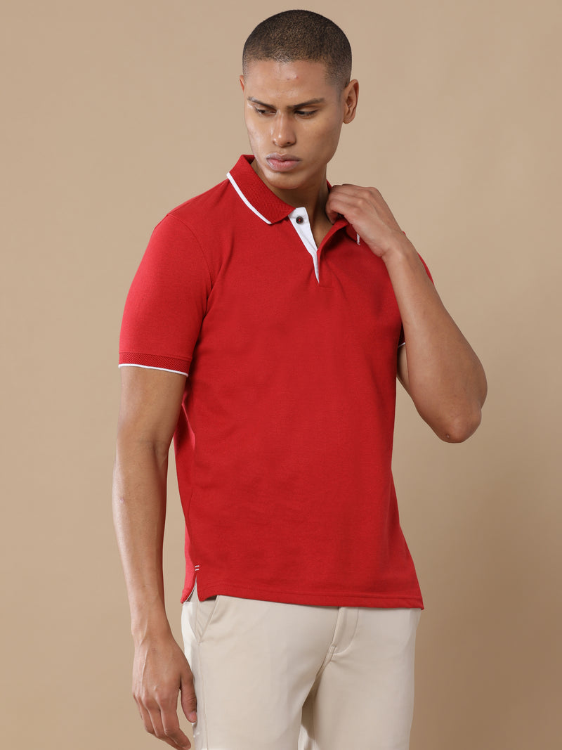 Sustainable Heather Red Men’s Premium Polo T-Shirt with White Tipping | Eco-Friendly Casual Wear