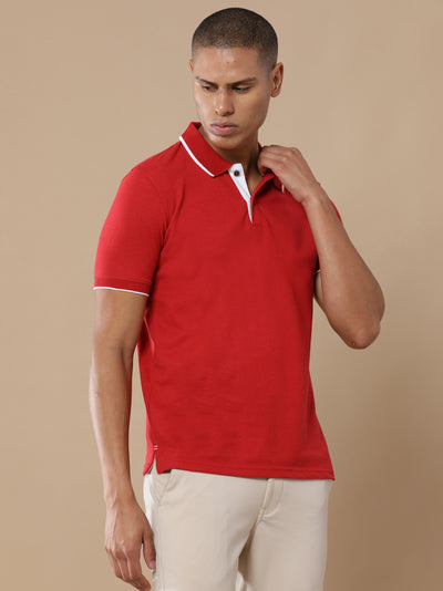 Sustainable Heather Red Men’s Premium Polo T-Shirt with White Tipping | Eco-Friendly Casual Wear