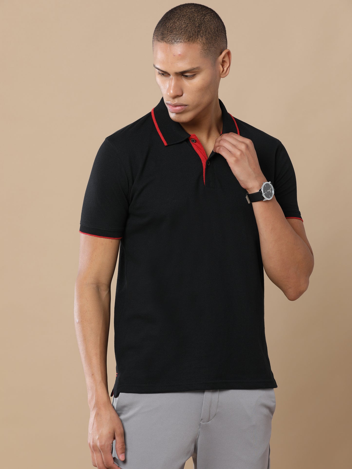 Men’s Sustainable Classic Black Polo T-Shirt with Red Tipping
