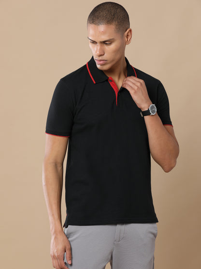 Men’s Sustainable Classic Black Polo T-Shirt with Red Tipping