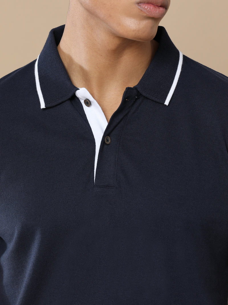 Sustainable Midnight Navy Blue Premium Polo T-Shirt with White Tipping