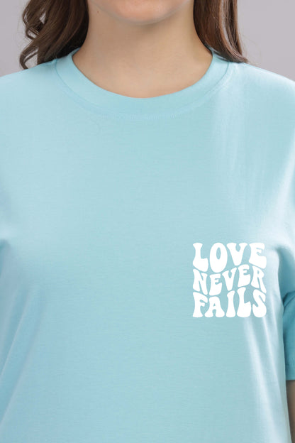 Love Never Fails Women’s Back Printed Oversized Baggy Fit T-Shirt | Trendy Cotton Tee