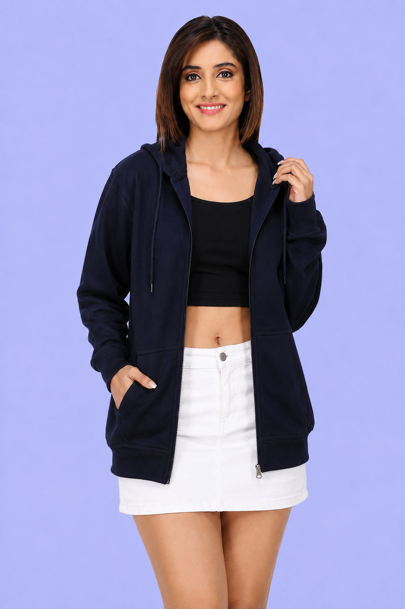 Women’s Navy Blue Zipper Hooded Hoodie Stylish & Premium Comfort