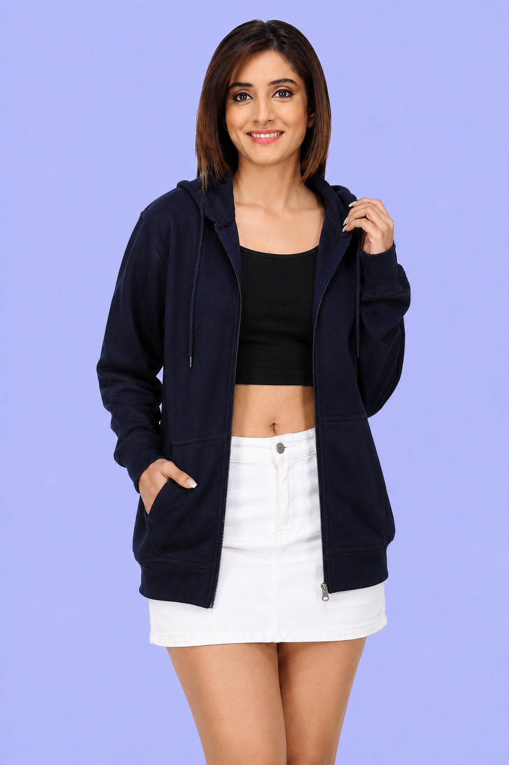 Women’s Navy Blue Zipper Hooded Hoodie Stylish & Premium Comfort