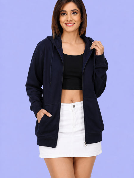 Women’s Navy Blue Zipper Hooded Hoodie Stylish & Premium Comfort