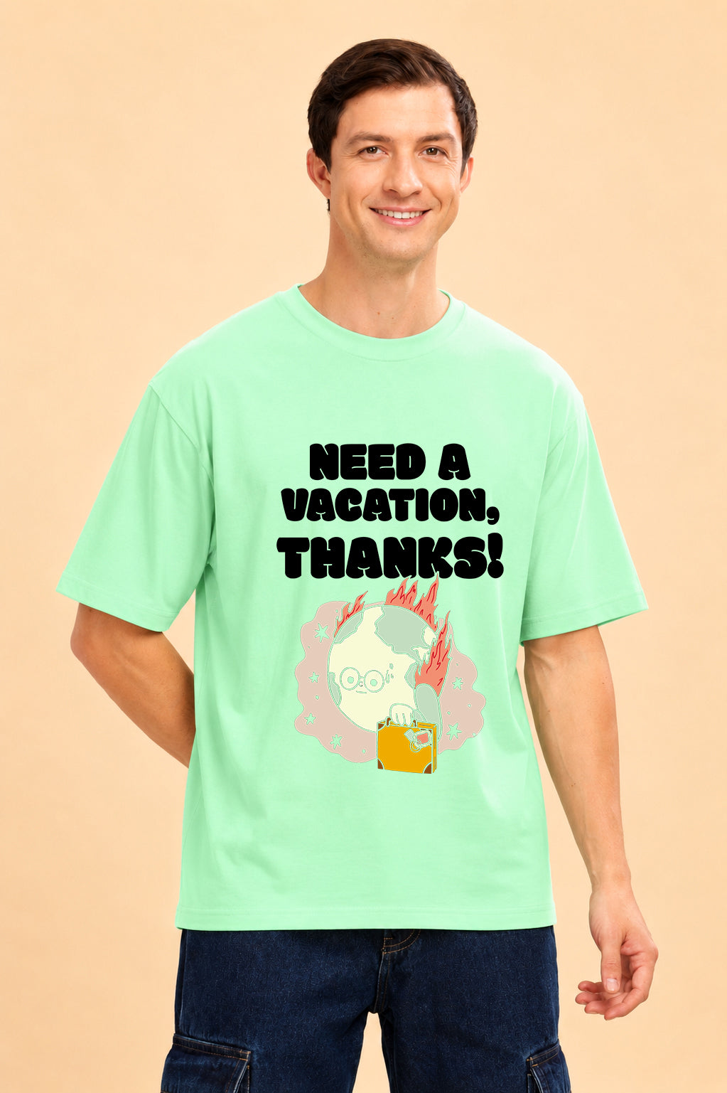 Faltu.co Need A Vacation Thanks Men’s Printed Oversized Baggy Fit Rich Soft Cotton Fabric T-shirt