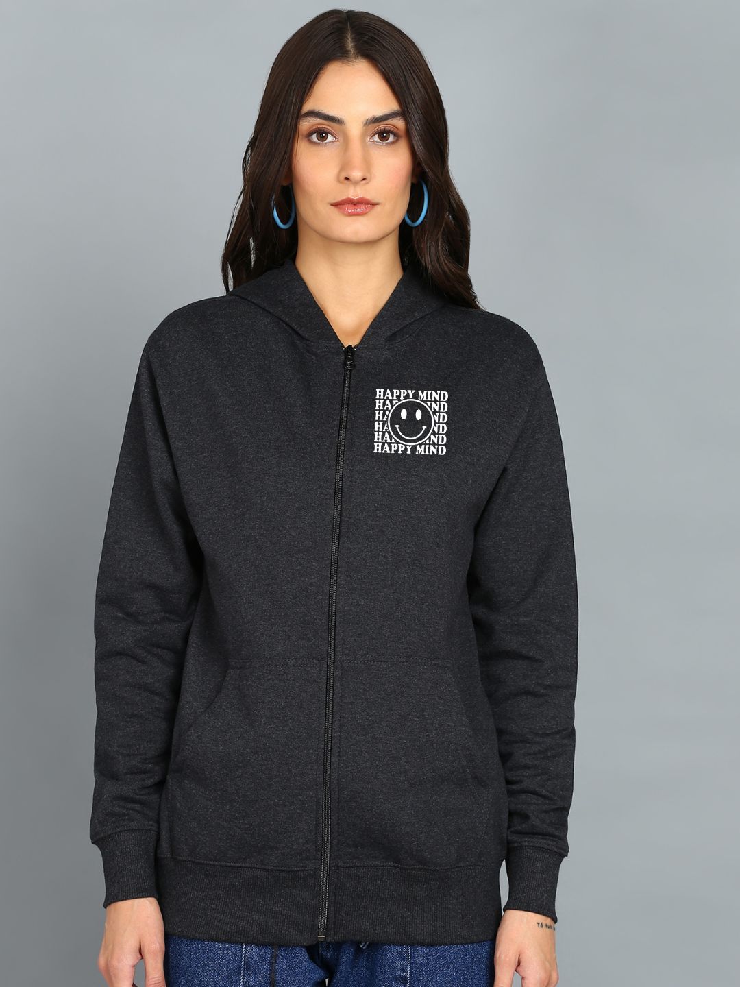 Happy Mind Printed Women's Cotton Full Zipper Sweatshirt Hoodies with Kangaroo Pocket Winter Wear Hooded Neck Sweatshirt