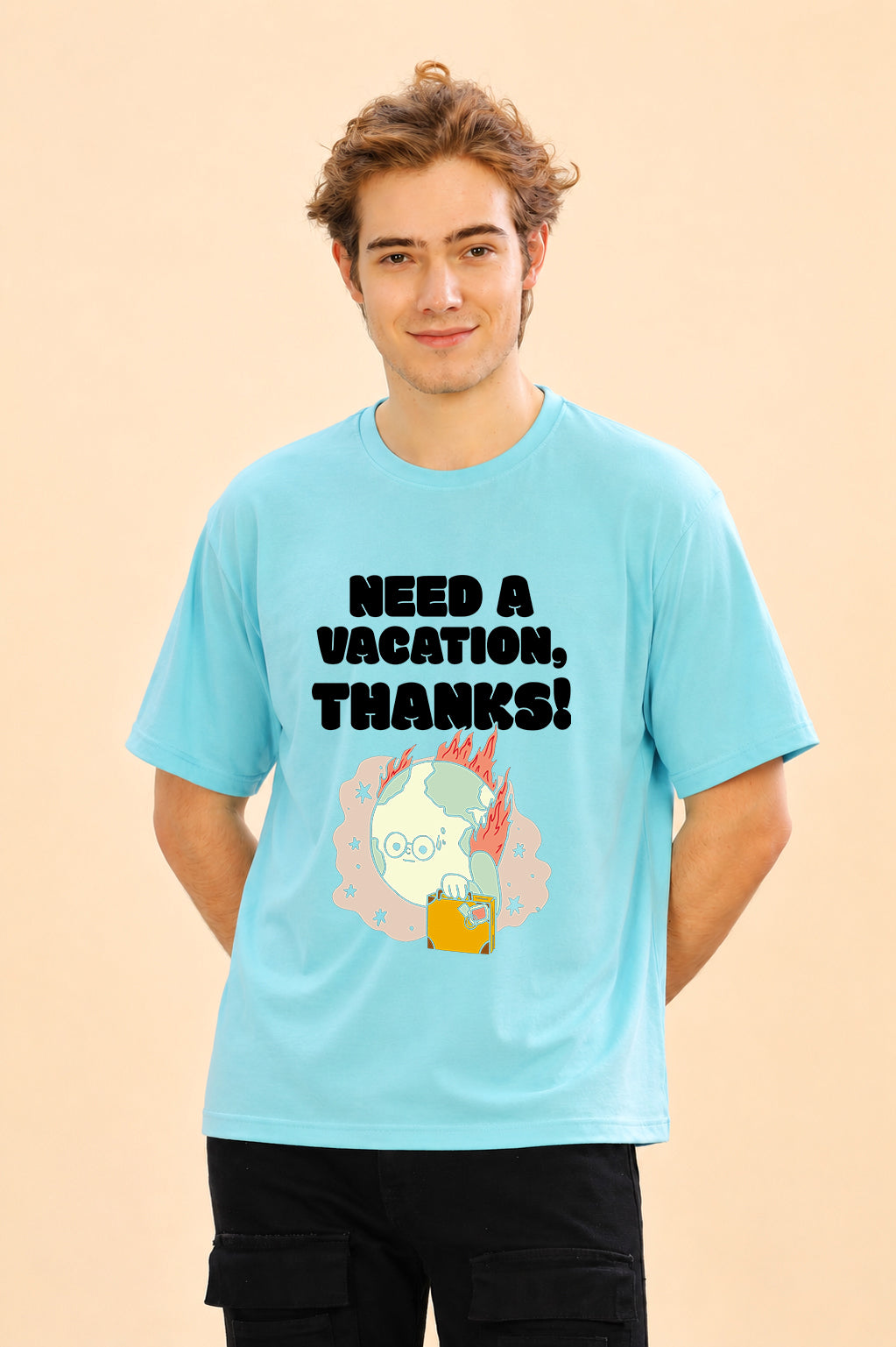 Faltu.co Need A Vacation Thanks Men’s Printed Oversized Baggy Fit Rich Soft Cotton Fabric T-shirt