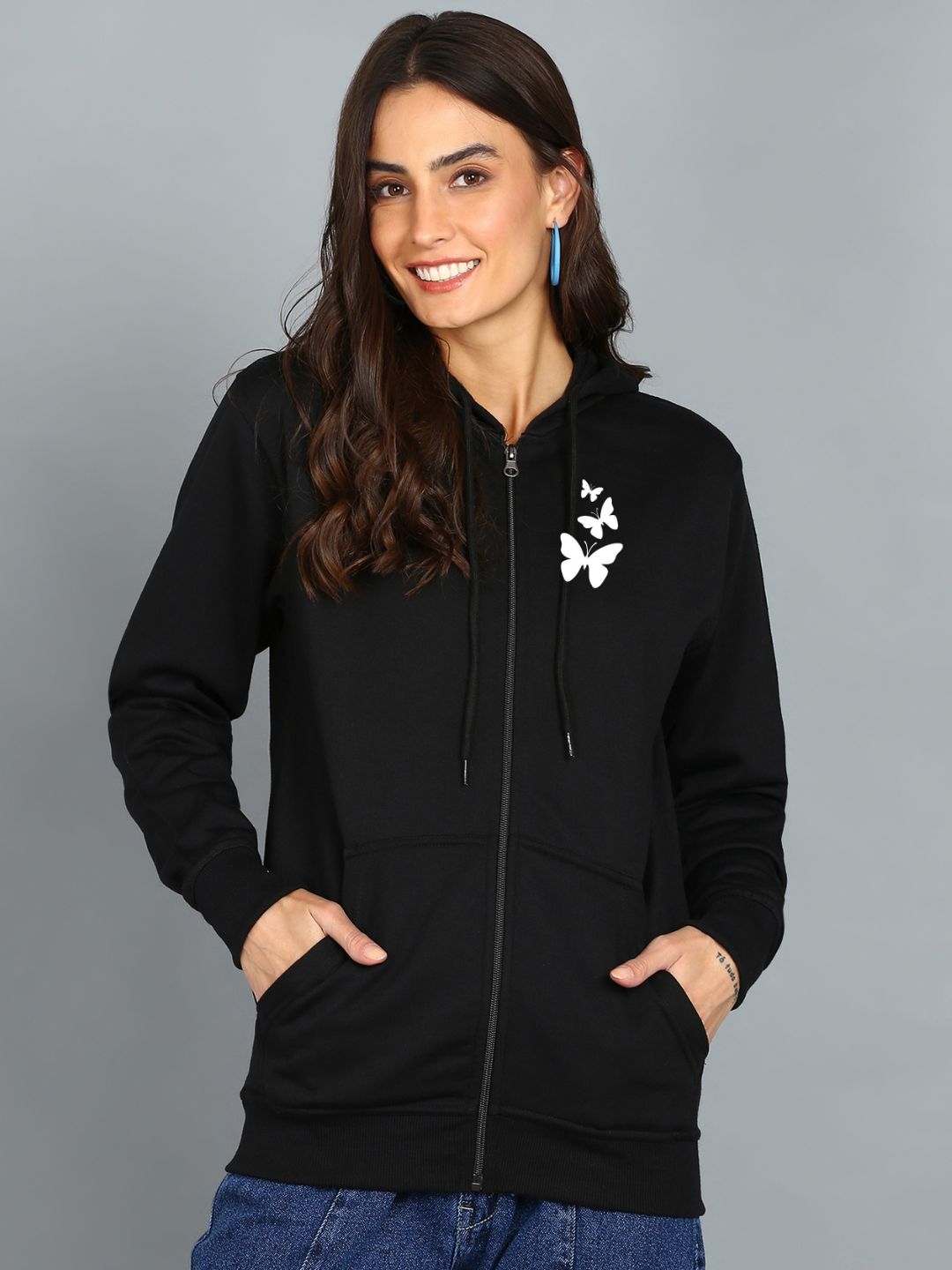 Butterfly Printed Women's Cotton Full Zipper Sweatshirt Hoodies with Kangaroo Pocket Winter Wear Hooded Neck Sweatshirt