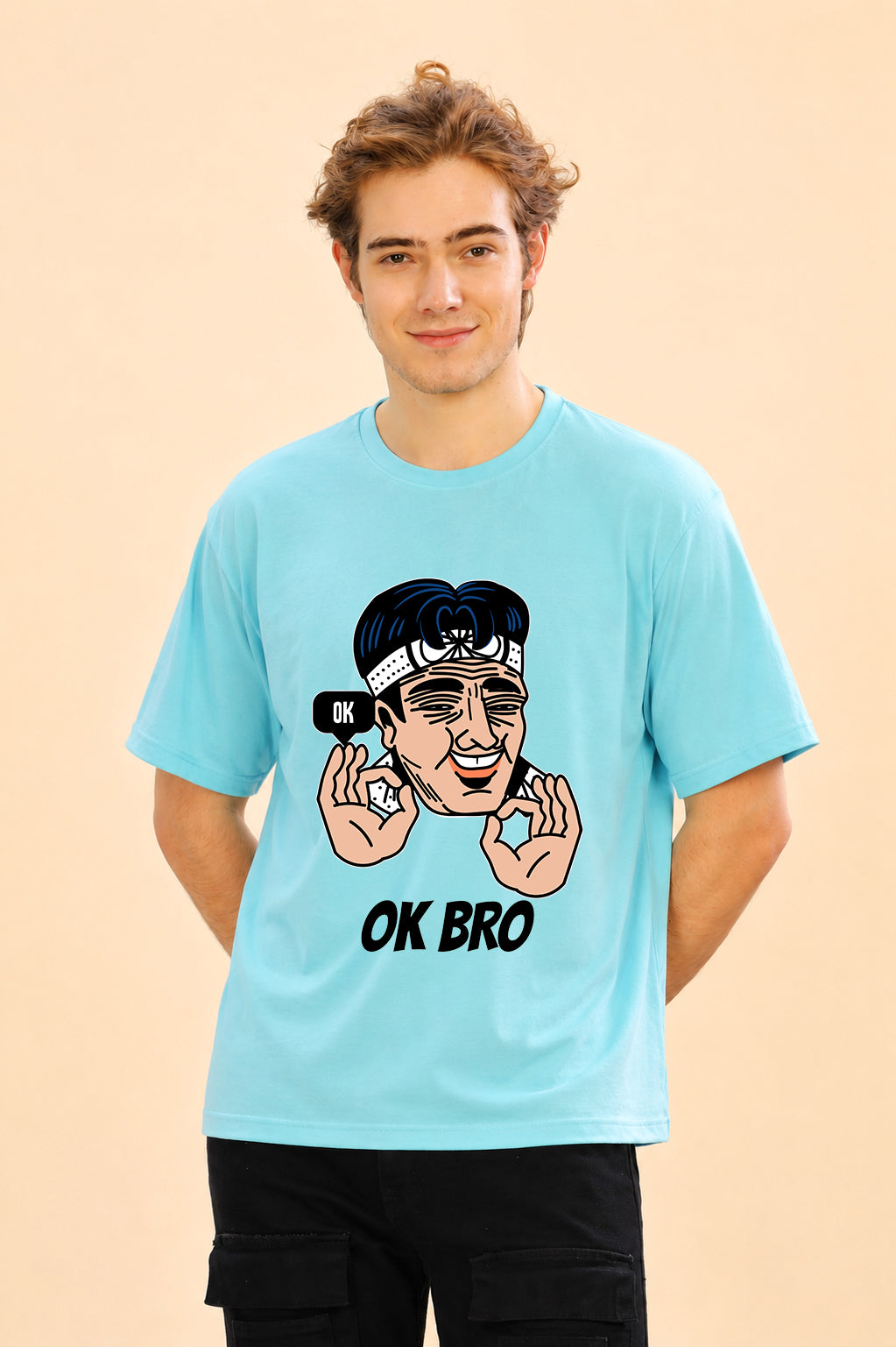 Faltu.co Ok Bro Men’s Printed Oversized Baggy Fit Rich Soft Cotton Fabric T-shirt