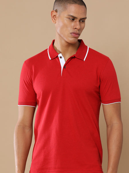 Sustainable Heather Red Men’s Premium Polo T-Shirt with White Tipping | Eco-Friendly Casual Wear