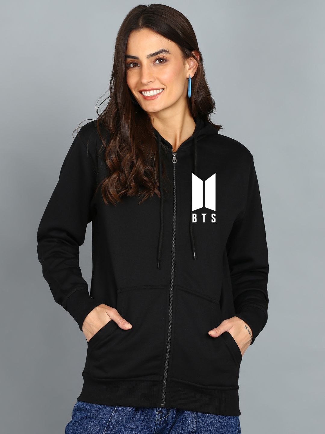 Women's Cotton Full Zipper Sweatshirt Hoodies with Kangaroo Pocket Winter Wear Hooded Neck Sweatshirt