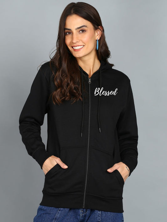 Blessed Printed Women's Cotton Full Zipper Sweatshirt Hoodies with Kangaroo Pocket Winter Wear Hooded Neck Sweatshirt