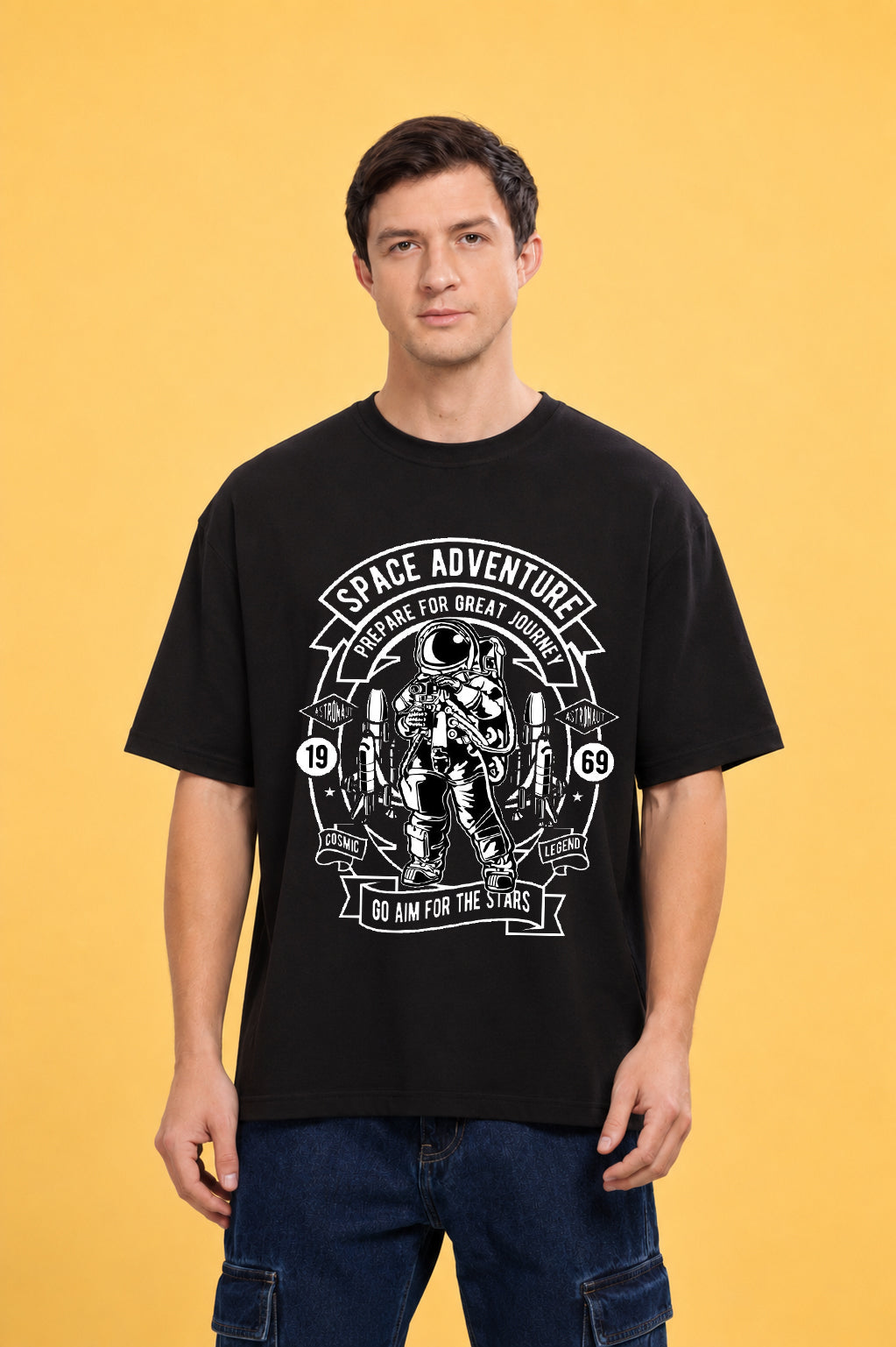 Faltu.co Space Adventure Men’s Printed Oversized Baggy Fit Rich Soft Cotton Fabric T-shirt