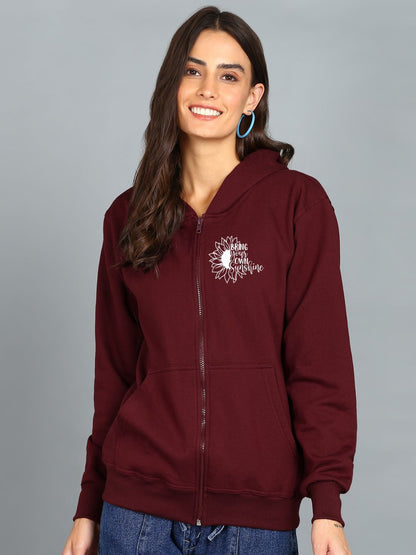 Sunshine Printed Women's Cotton Full Zipper Sweatshirt Hoodies with Kangaroo Pocket Winter Wear Hooded Neck Sweatshirt