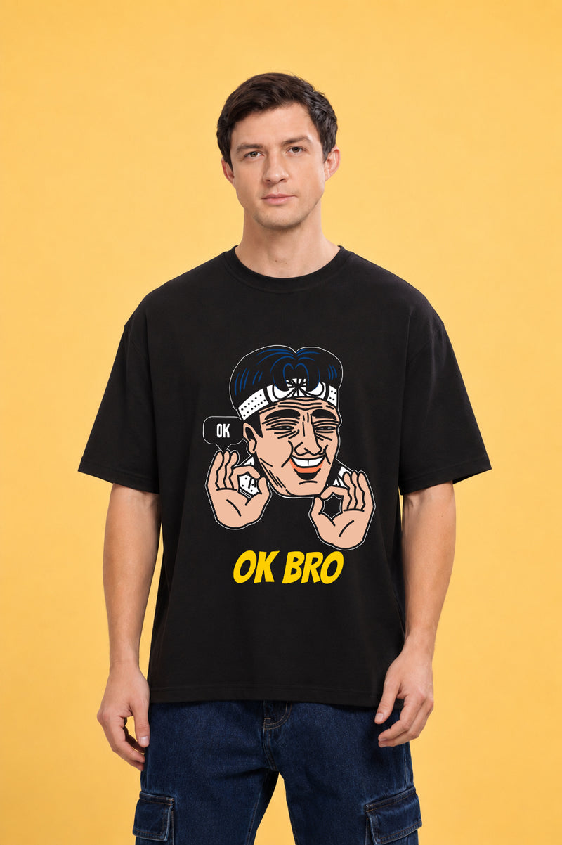 Faltu.co Ok Bro Men’s Printed Oversized Baggy Fit Rich Soft Cotton Fabric T-shirt