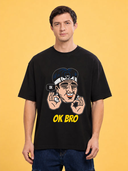 Faltu.co Ok Bro Men’s Printed Oversized Baggy Fit Rich Soft Cotton Fabric T-shirt