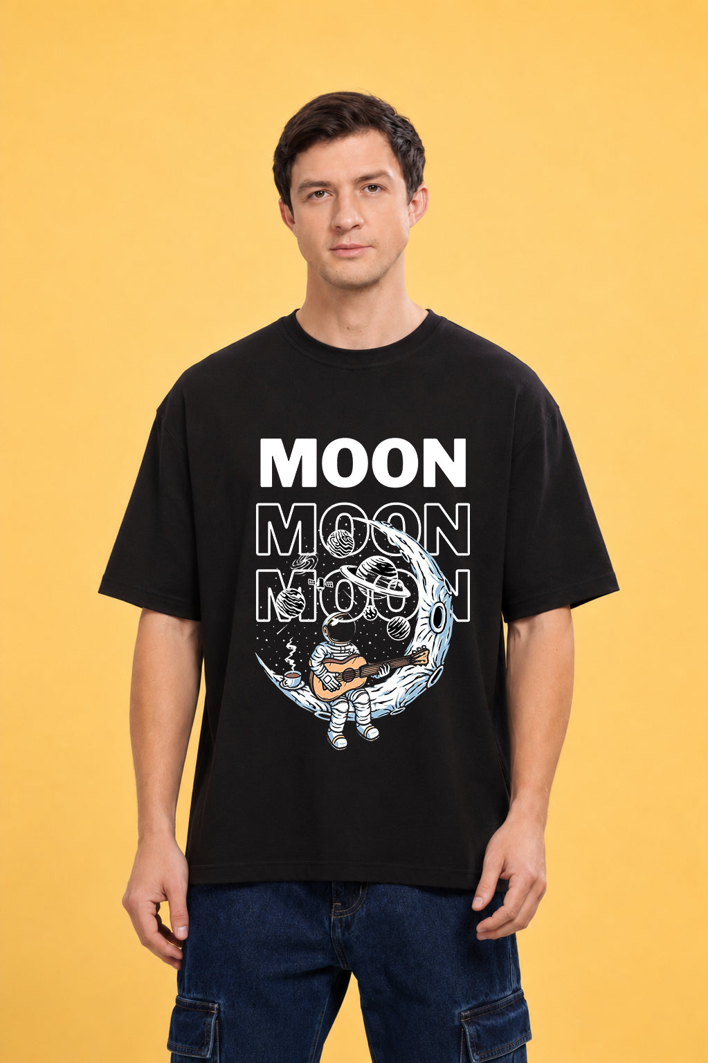 Faltu.co Moon 3 Men’s Printed Oversized Baggy Fit Rich Soft Cotton Fabric T-shirt
