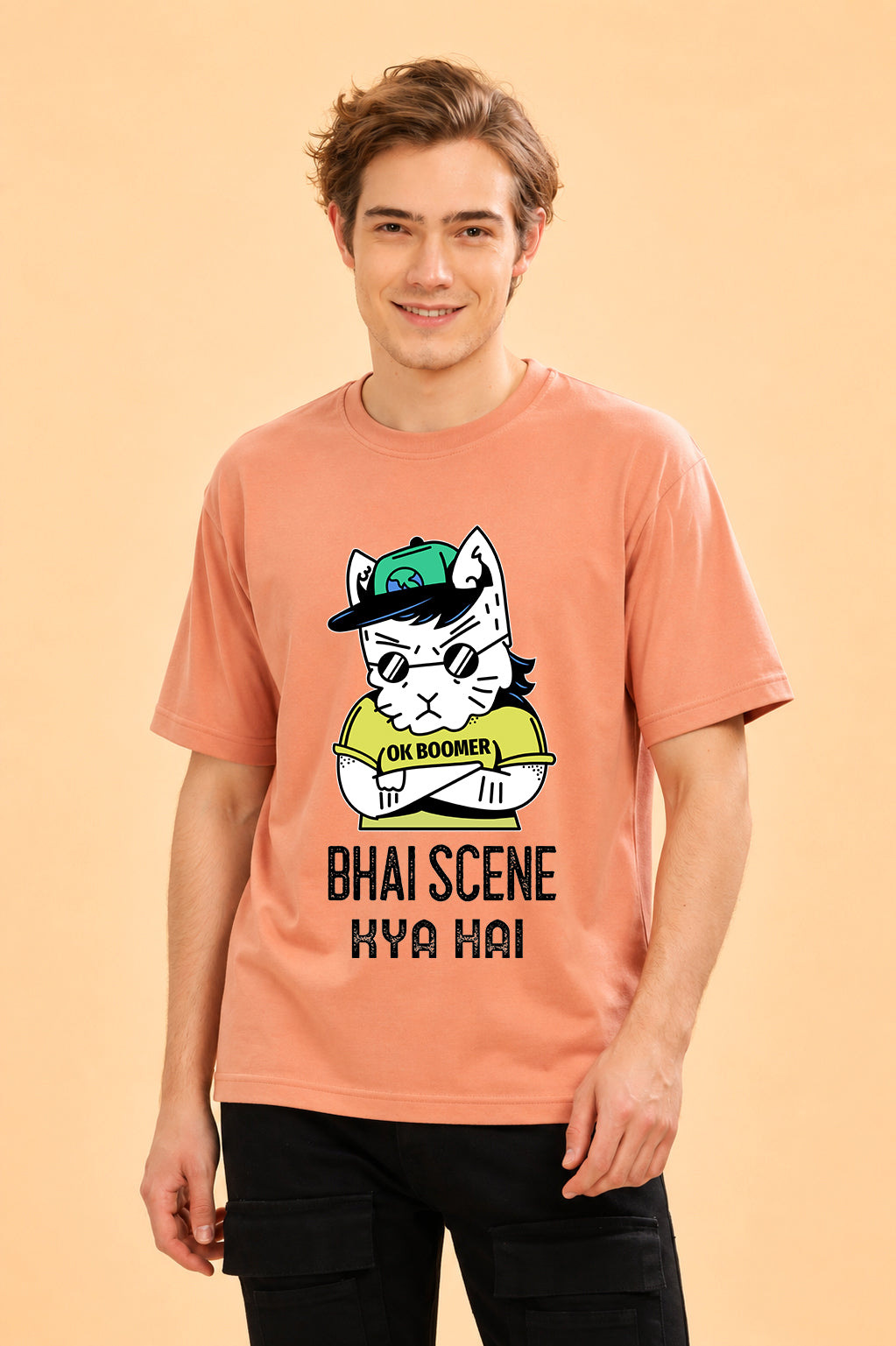 Faltu.co Bhai Scene Kya Hai Men’s Printed Oversized Baggy Fit Rich Soft Cotton Fabric T-shirt