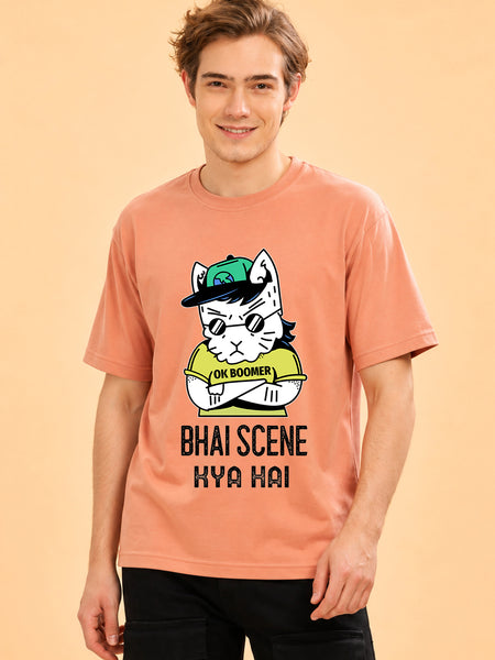 Faltu.co Bhai Scene Kya Hai Men’s Printed Oversized Baggy Fit Rich Soft Cotton Fabric T-shirt