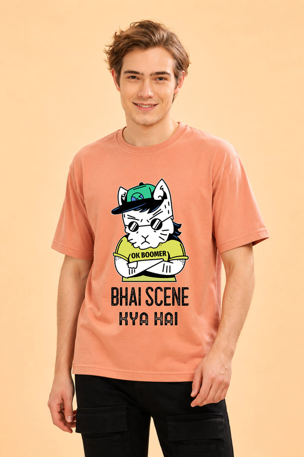Faltu.co Bhai Scene Kya Hai Men’s Printed Oversized Baggy Fit Rich Soft Cotton Fabric T-shirt