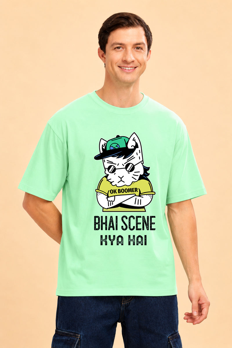 Faltu.co Bhai Scene Kya Hai Men’s Printed Oversized Baggy Fit Rich Soft Cotton Fabric T-shirt