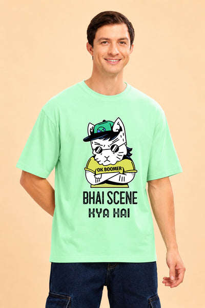 Faltu.co Bhai Scene Kya Hai Men’s Printed Oversized Baggy Fit Rich Soft Cotton Fabric T-shirt