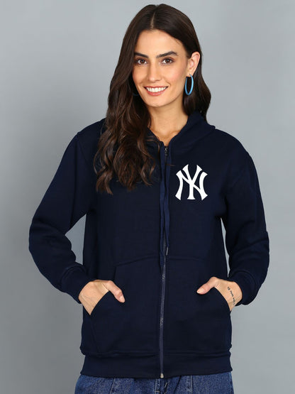 Nyc Printed Women's Cotton Full Zipper Sweatshirt Hoodies with Kangaroo Pocket Winter Wear Hooded Neck Sweatshirt