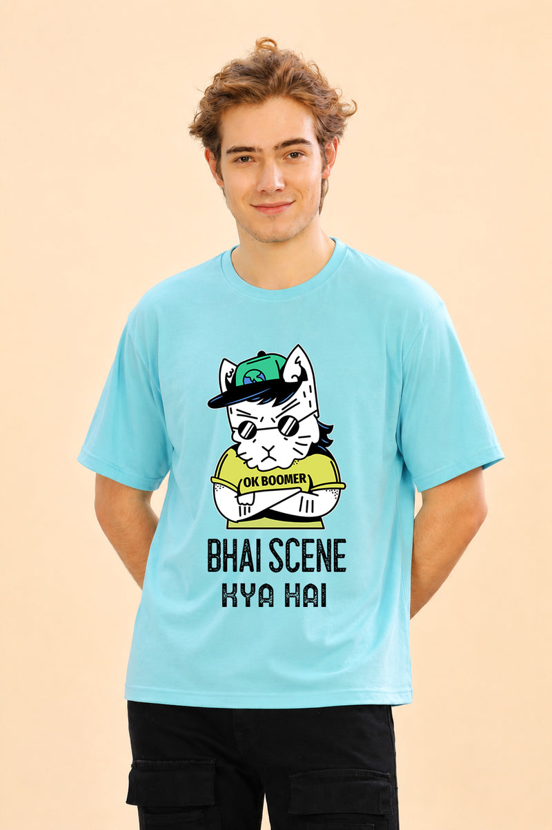 Faltu.co Bhai Scene Kya Hai Men’s Printed Oversized Baggy Fit Rich Soft Cotton Fabric T-shirt