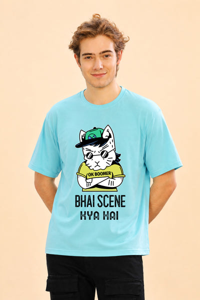Faltu.co Bhai Scene Kya Hai Men’s Printed Oversized Baggy Fit Rich Soft Cotton Fabric T-shirt