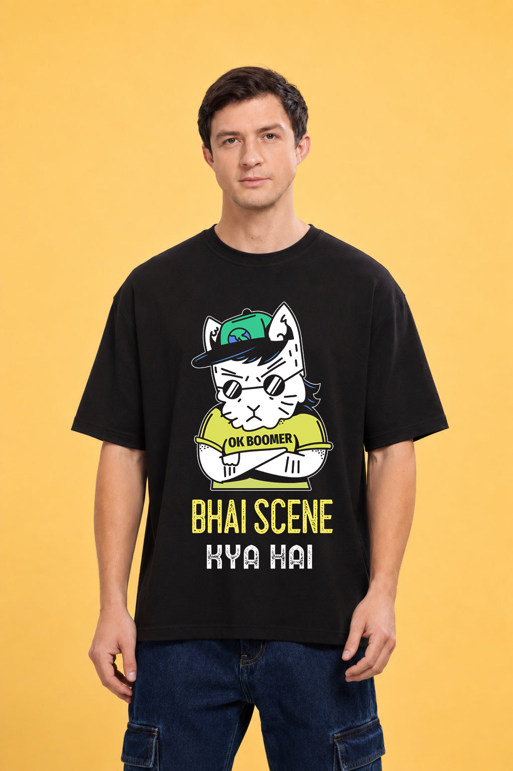 Faltu.co Bhai Scene Kya Hai Men’s Printed Oversized Baggy Fit Rich Soft Cotton Fabric T-shirt