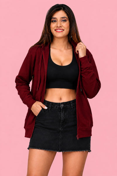 Women’s Maroon Zipper Hooded Hoodie Stylish & Premium Comfort