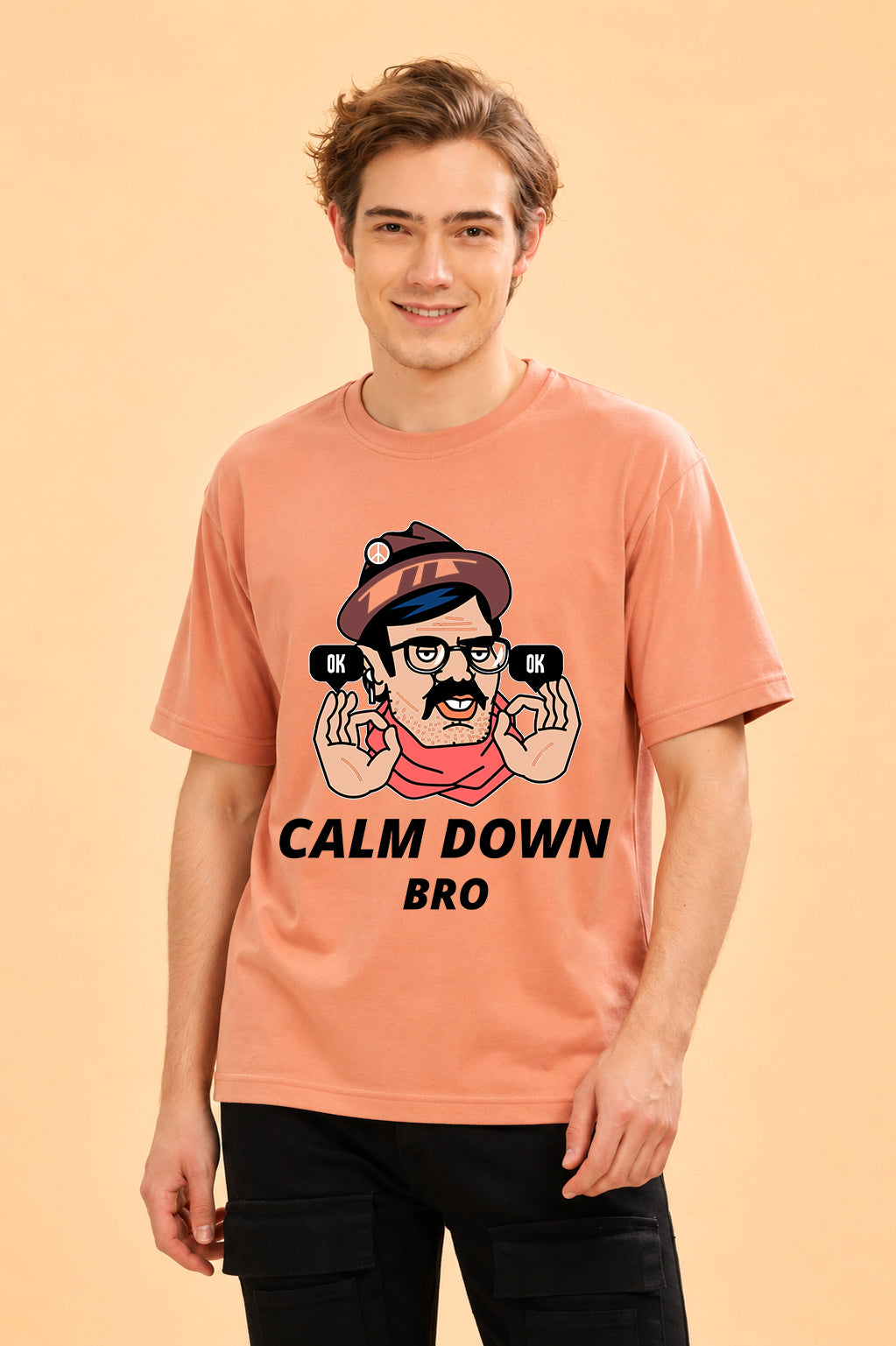 Faltu.co Calm Down Bro Men’s Printed Oversized Baggy Fit Rich Soft Cotton Fabric T-shirt