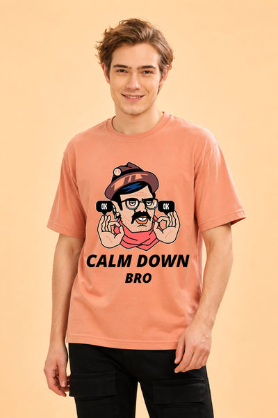 Faltu.co Calm Down Bro Men’s Printed Oversized Baggy Fit Rich Soft Cotton Fabric T-shirt