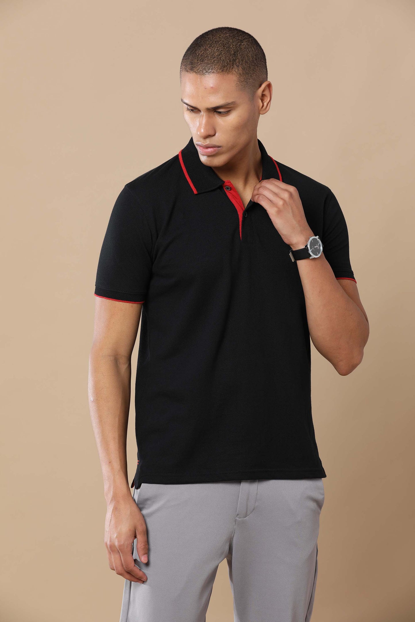 Men’s Sustainable Classic Black Polo T-Shirt with Red Tipping