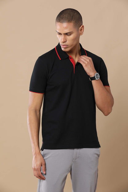 Men’s Sustainable Classic Black Polo T-Shirt with Red Tipping