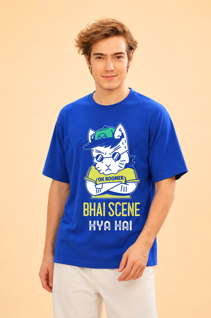 Faltu.co Bhai Scene Kya Hai Men’s Printed Oversized Baggy Fit Rich Soft Cotton Fabric T-shirt