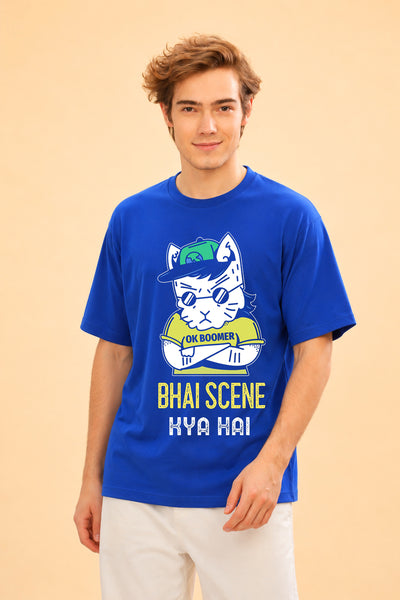 Faltu.co Bhai Scene Kya Hai Men’s Printed Oversized Baggy Fit Rich Soft Cotton Fabric T-shirt