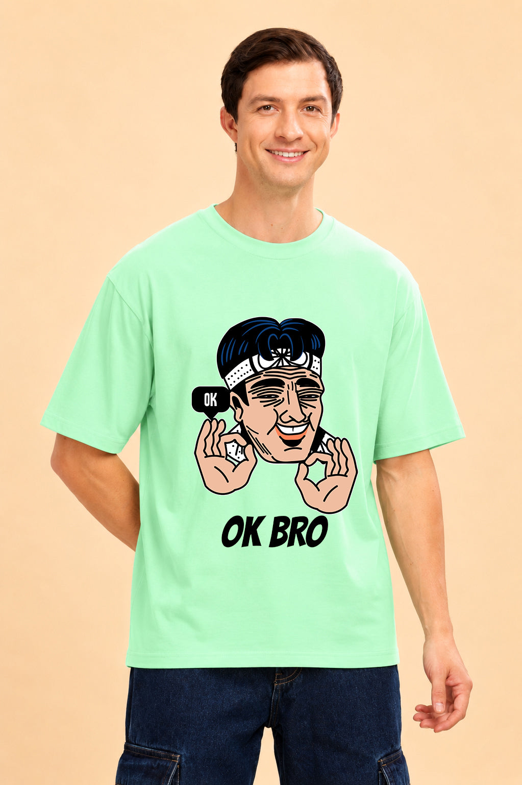 Faltu.co Ok Bro Men’s Printed Oversized Baggy Fit Rich Soft Cotton Fabric T-shirt