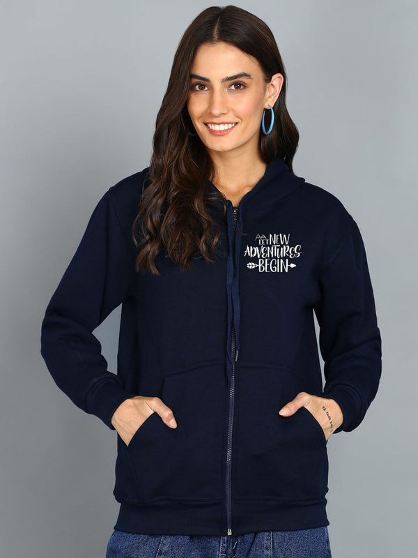 New Adventure Begin Printed Women's Cotton Full Zipper Sweatshirt Hoodies with Kangaroo Pocket Winter Wear Hooded Neck Sweatshirt