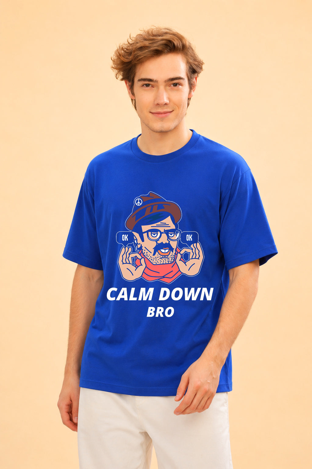 Faltu.co Calm Down Bro Men’s Printed Oversized Baggy Fit Rich Soft Cotton Fabric T-shirt
