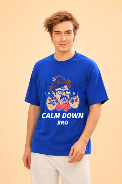 Faltu.co Calm Down Bro Men’s Printed Oversized Baggy Fit Rich Soft Cotton Fabric T-shirt