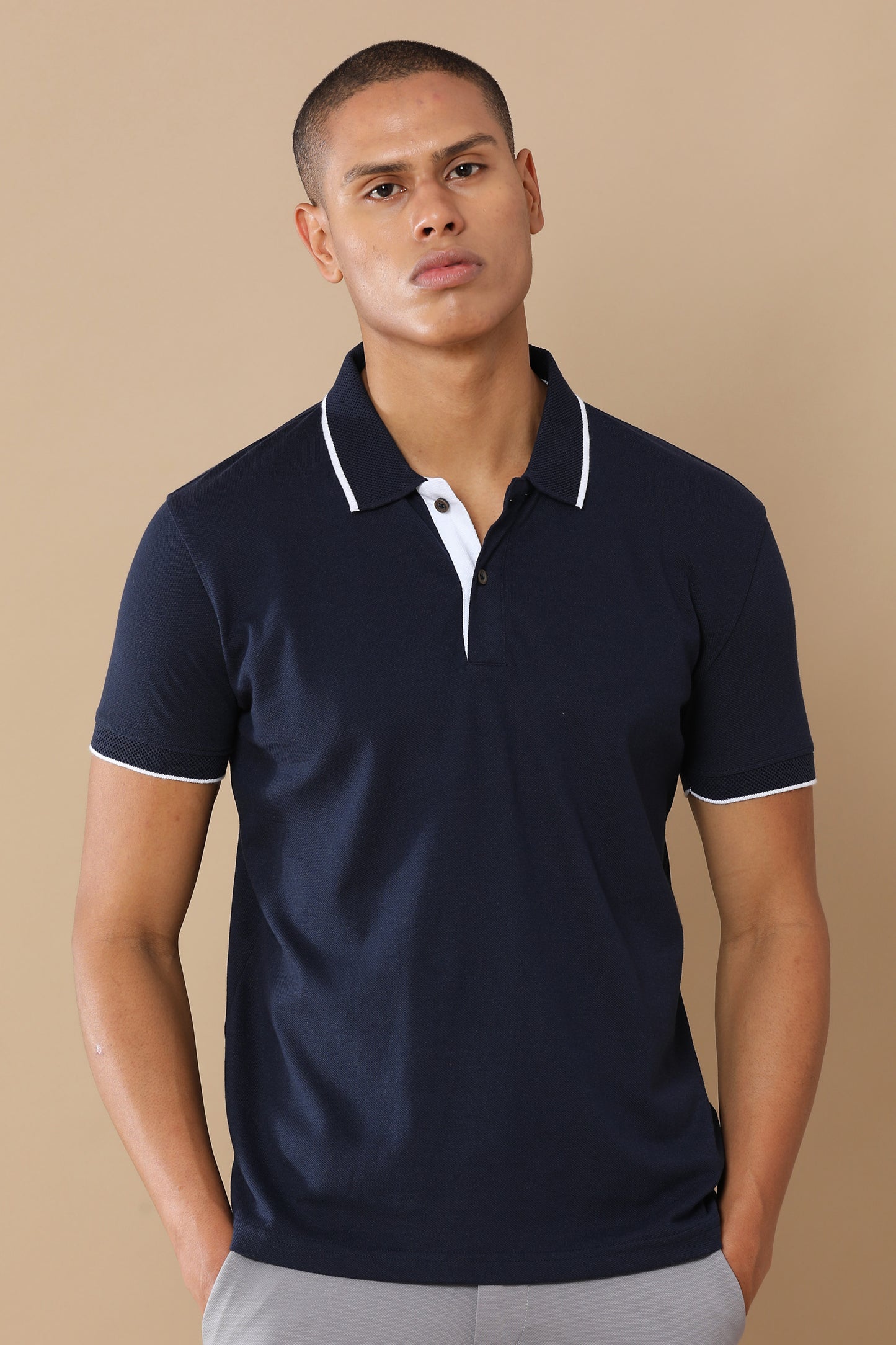 Sustainable Midnight Navy Blue Premium Polo T-Shirt with White Tipping